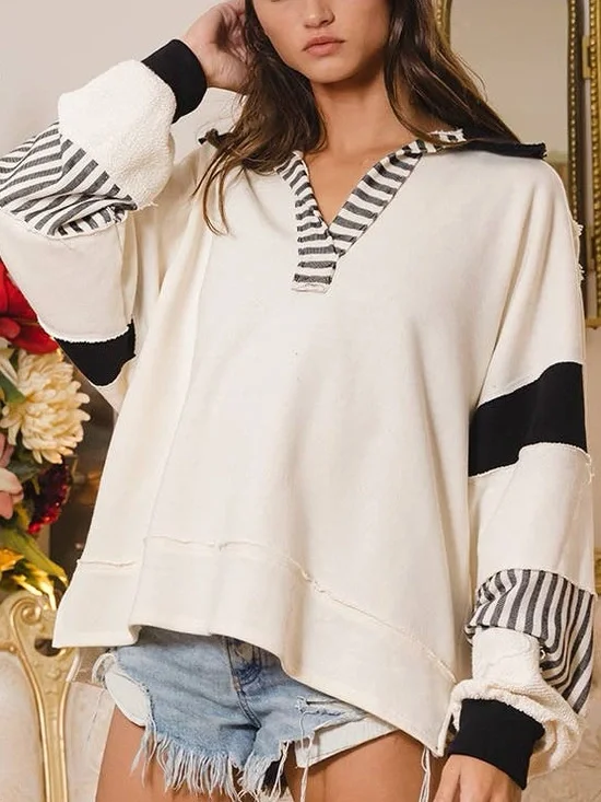 BUCKETLIST French Terry Colorblock Polo Sweater Size Medium Ivory Black Boho - Picture 1 of 8